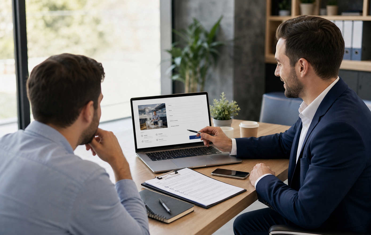 Business owner showing quote form to client thumbnail