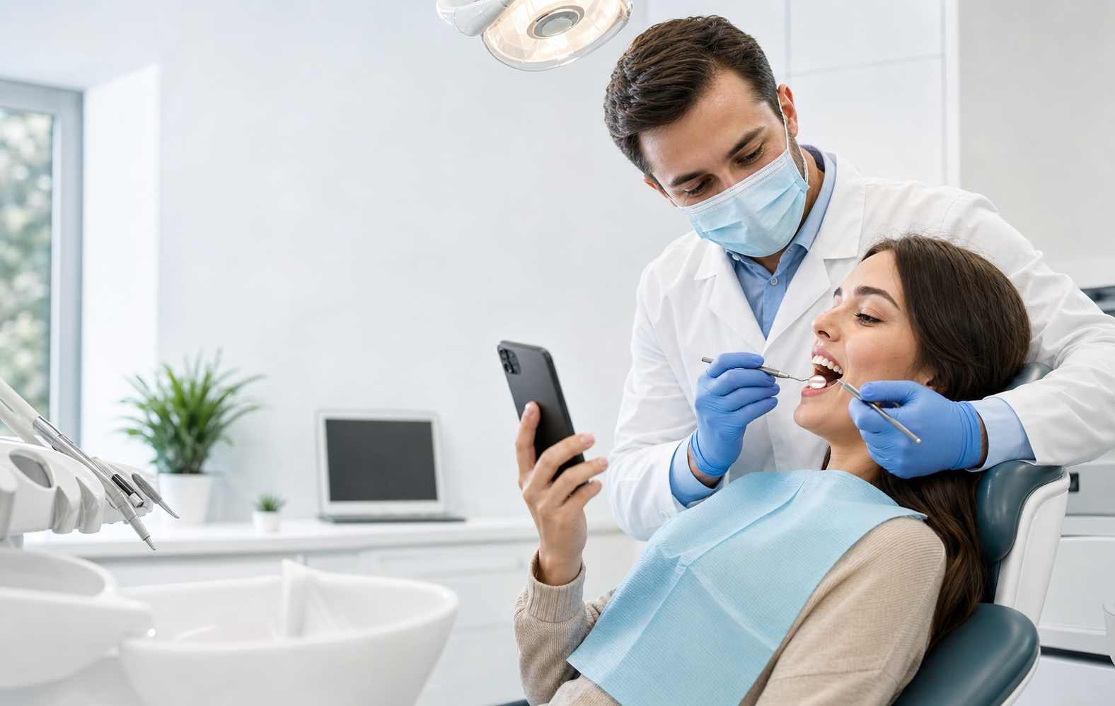 Dentist checking client using phone thumbnail