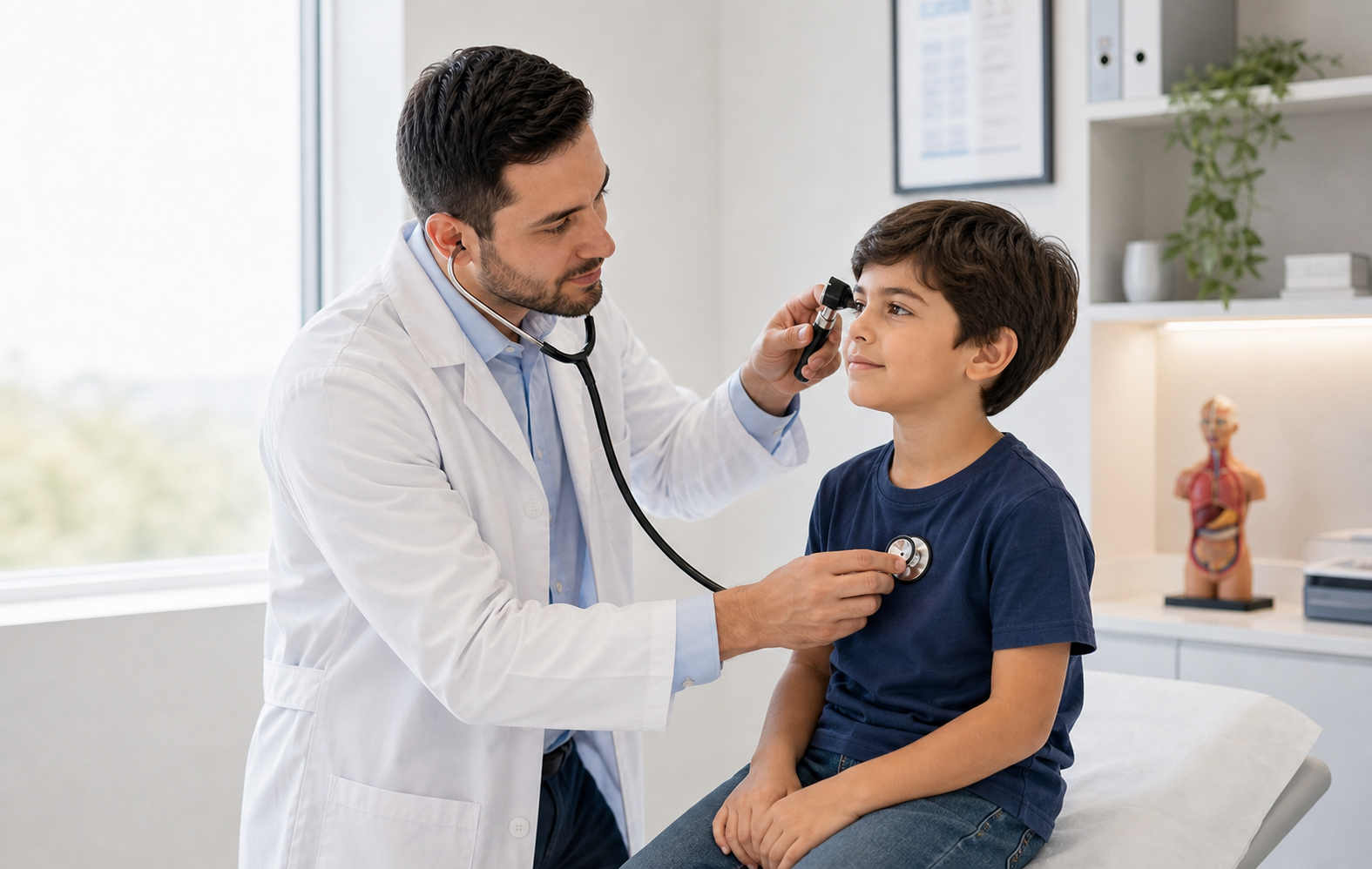 Doctor checking young boy with stethoscope and ear instrument thumbnail