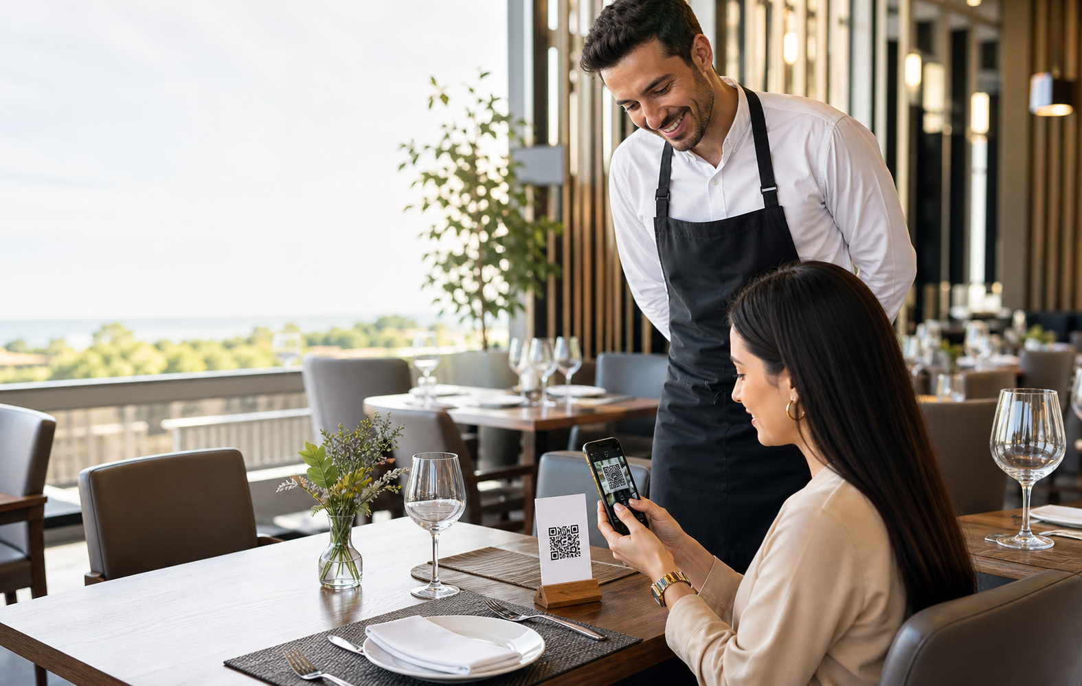 Waiter with client scanning QR menu thumbnail
